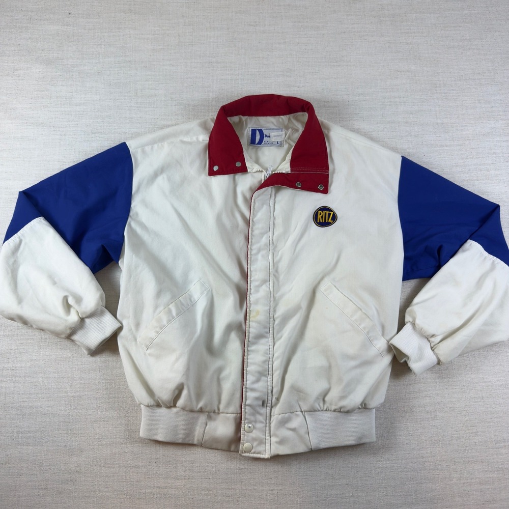 Vintage Dunbrooke Pla-Jac Ritz Crackers Bomber Jacket White Blue Red Mens Large